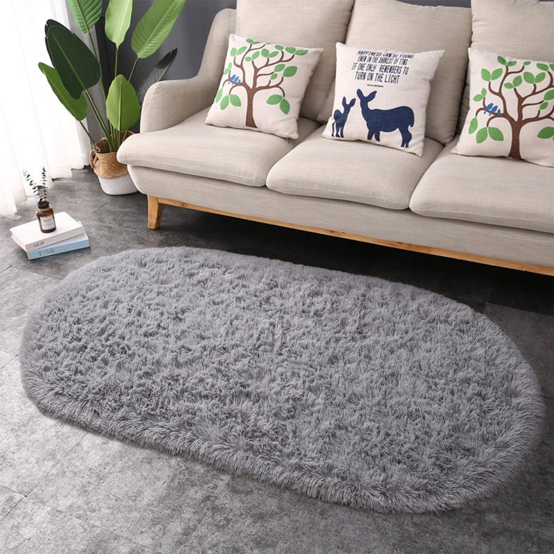 junovo Ultra Soft Washable Shaggy Rug - Non-Slip Oval Carpet for Nursery, Kids Bedroom & Home Decor (2.6x5.3ft Grey) | Plush Fluffy Floor Mat for Cozy Living Spaces - Image 4